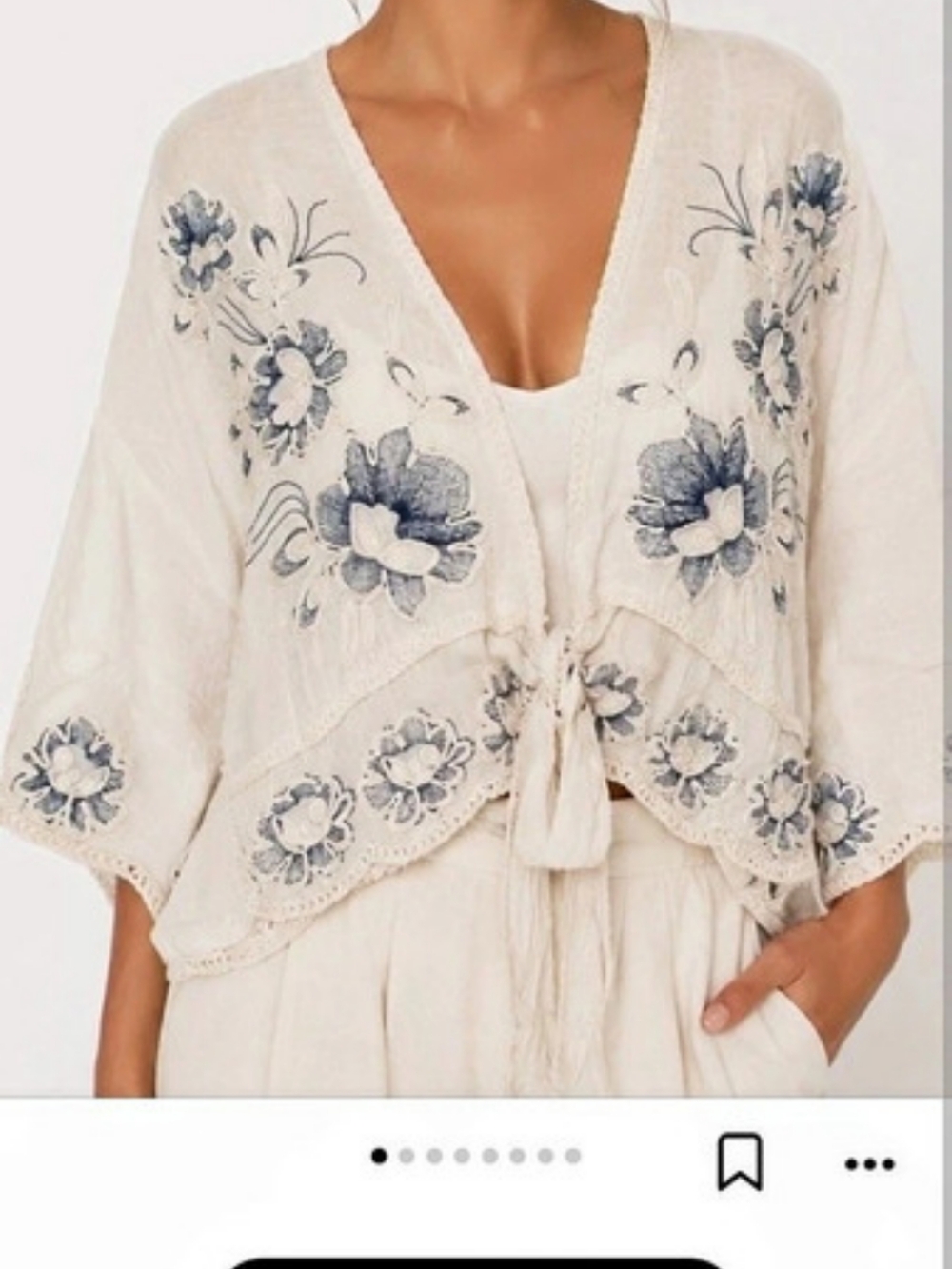 Embroidered Blue Floral Ivory Crochet Top Tie Front Layer Piece OS Rachel Zoe